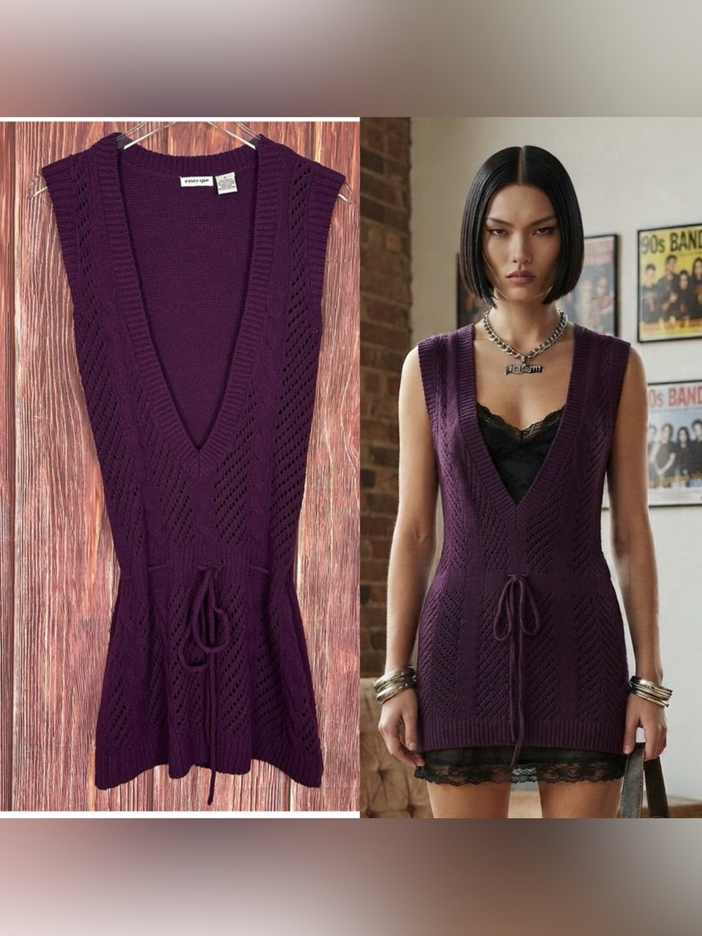 Energie Y2K Deep V Sweater Dress Purple Sleeveless Womens Size Small S